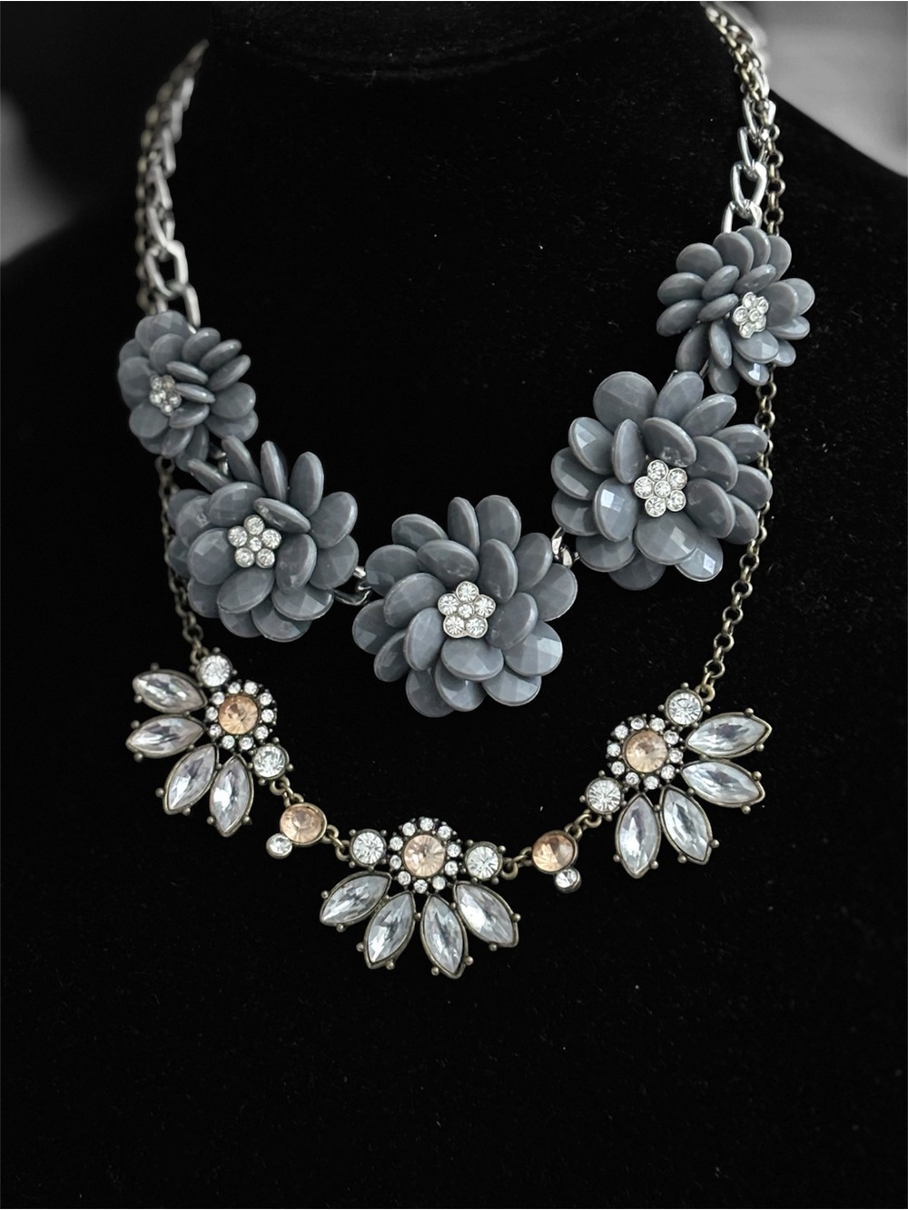 2 Piece Gray Floral Statement Necklace with Rhinestone Accents